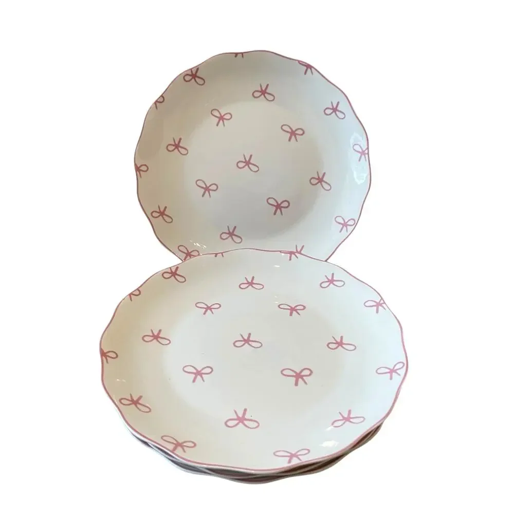 GODINGER Pink Bow 8in Salad Plates Set of 4 NEW